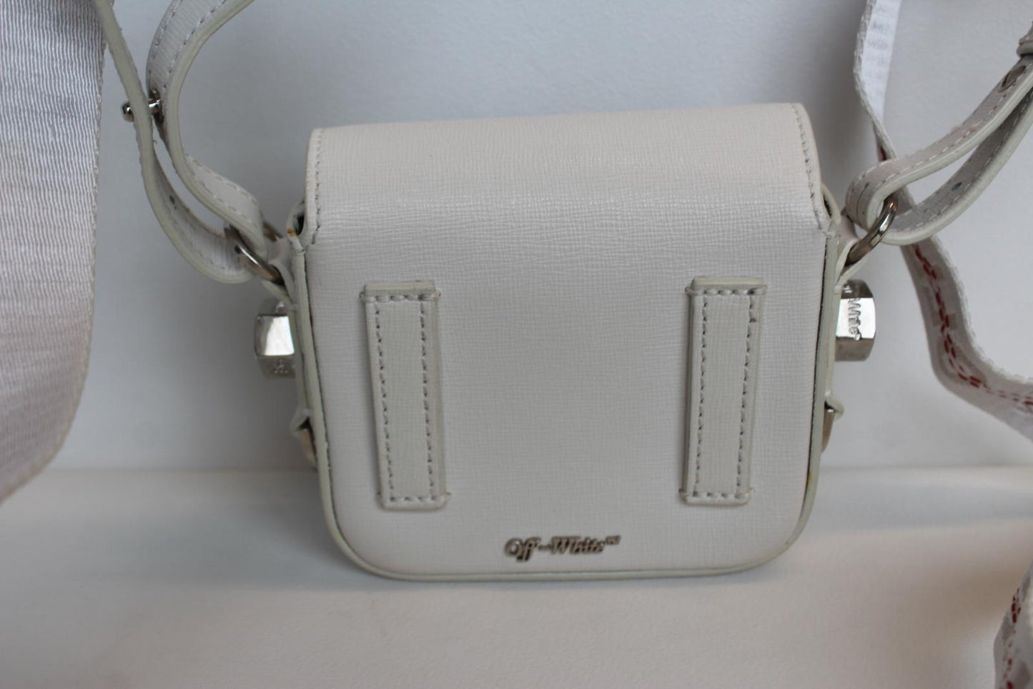 OFF-WHITE Ladies White Black Leather Diagonal Flap Mini Binder Clip Bag NEW