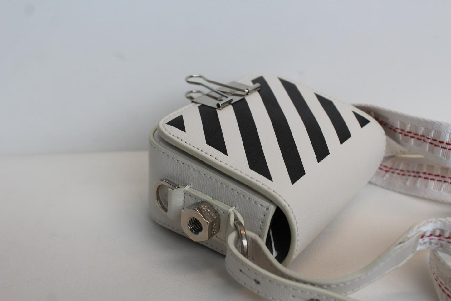 OFF-WHITE Ladies White Black Leather Diagonal Flap Mini Binder Clip Bag NEW