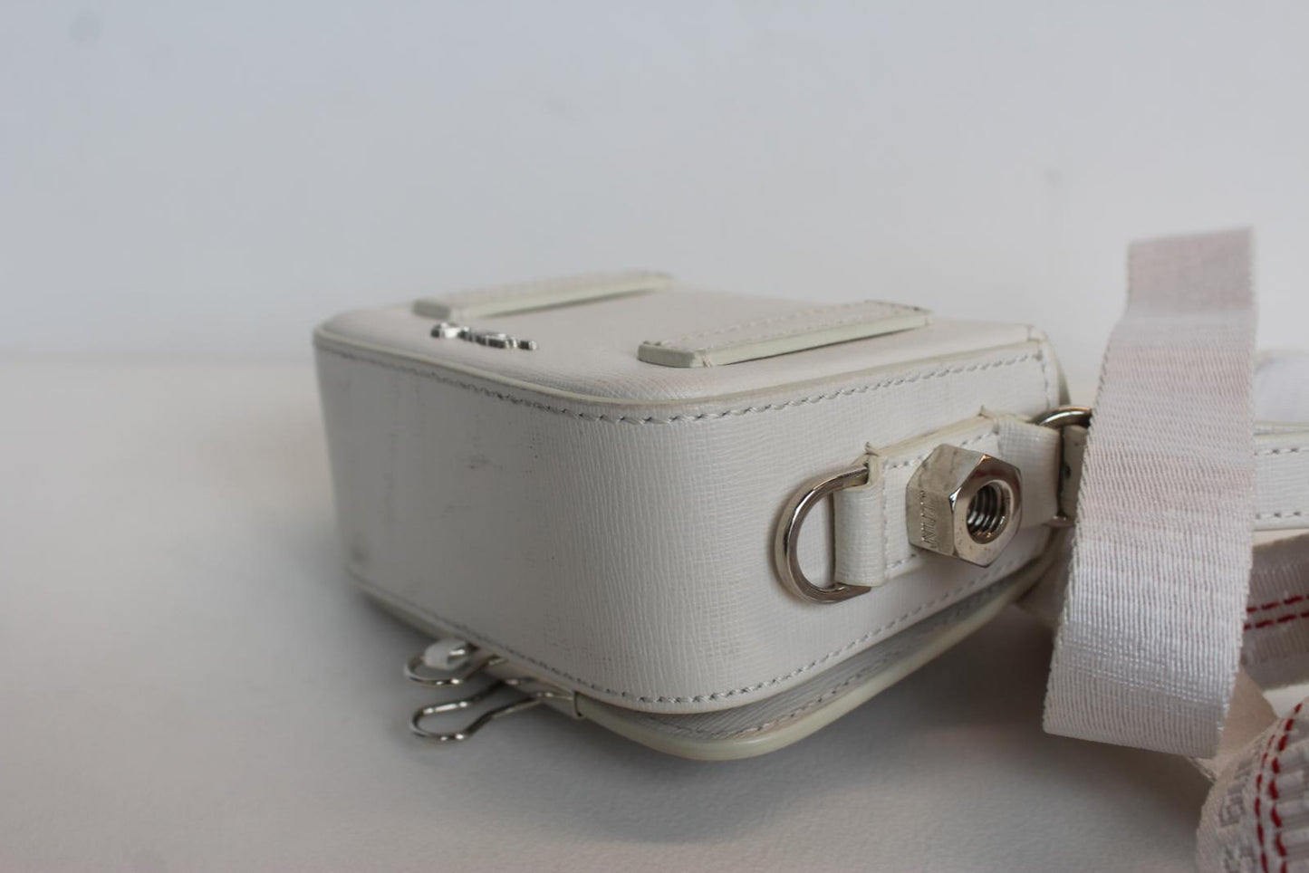 OFF-WHITE Ladies White Black Leather Diagonal Flap Mini Binder Clip Bag NEW