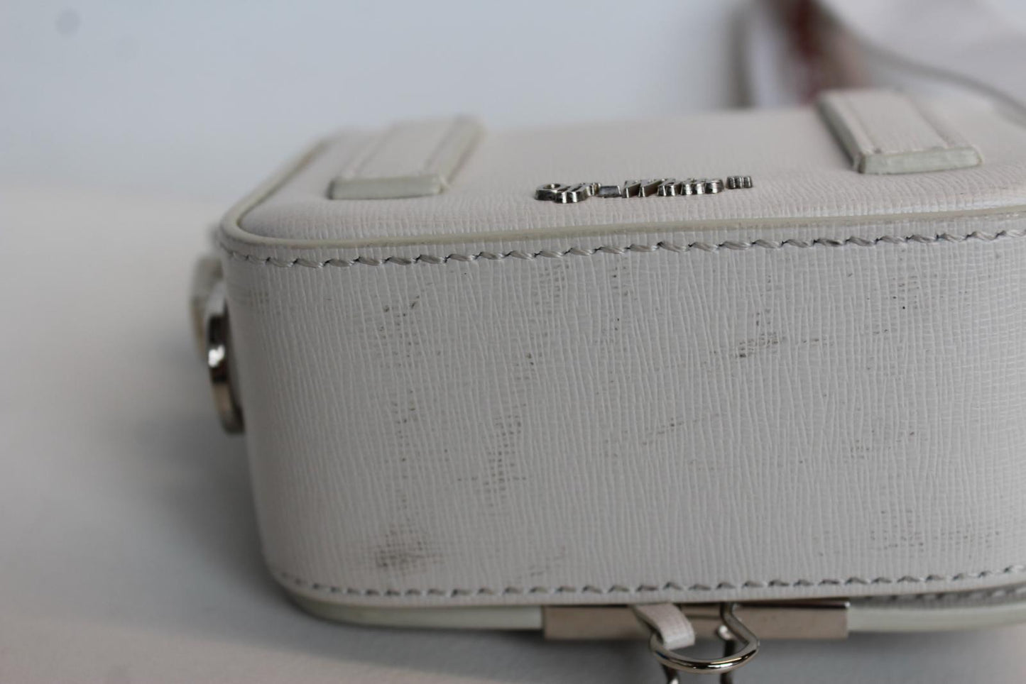 OFF-WHITE Ladies White Black Leather Diagonal Flap Mini Binder Clip Bag NEW