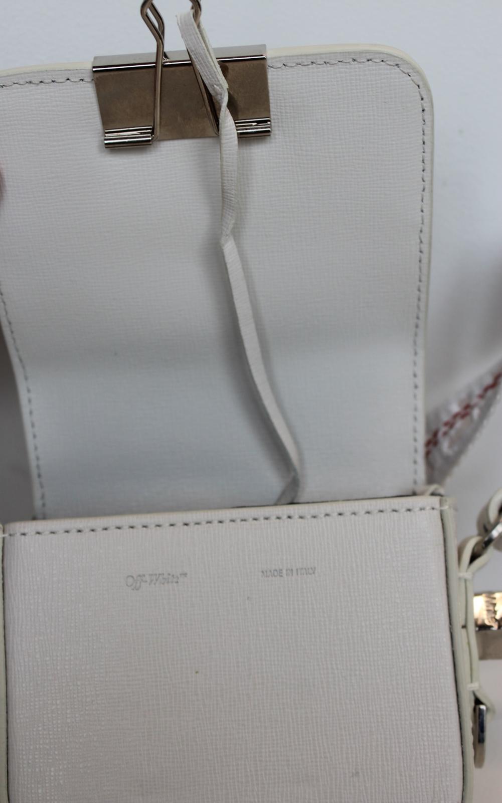 OFF-WHITE Ladies White Black Leather Diagonal Flap Mini Binder Clip Bag NEW