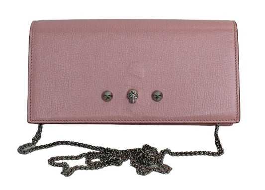 ALEXANDER MCQUEEN Ladies Pink Leather Skull Studded Chain Wallet Bag NEW