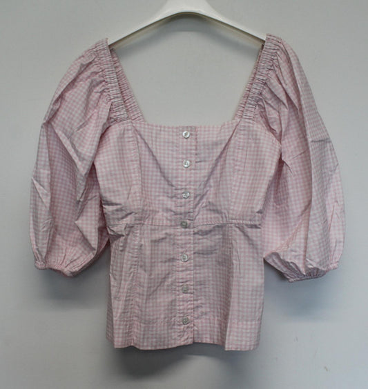GANNI Ladies Pink White Check Puff Sleeve Cotton Top Blouse EU34 UK6 NEW
