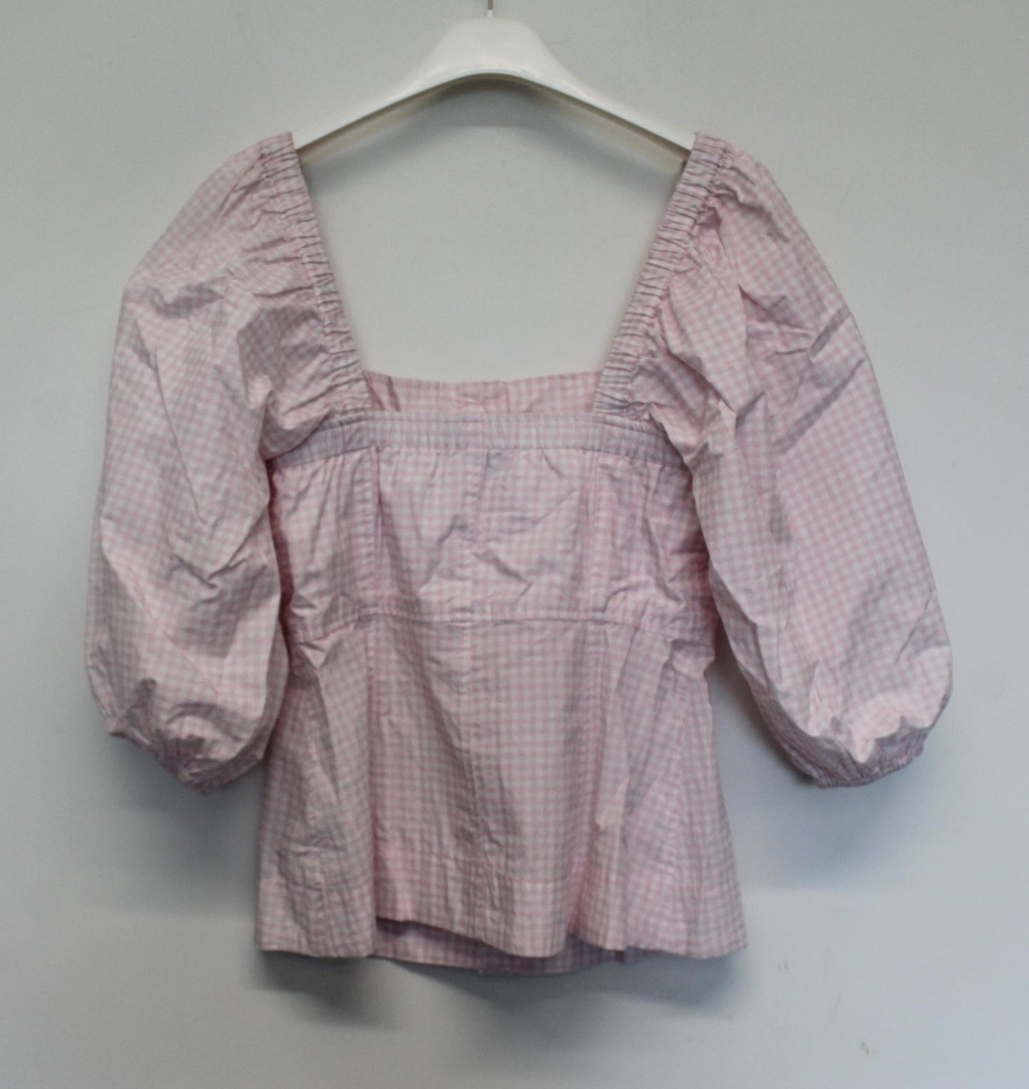 GANNI Ladies Pink White Check Puff Sleeve Cotton Top Blouse EU34 UK6 NEW