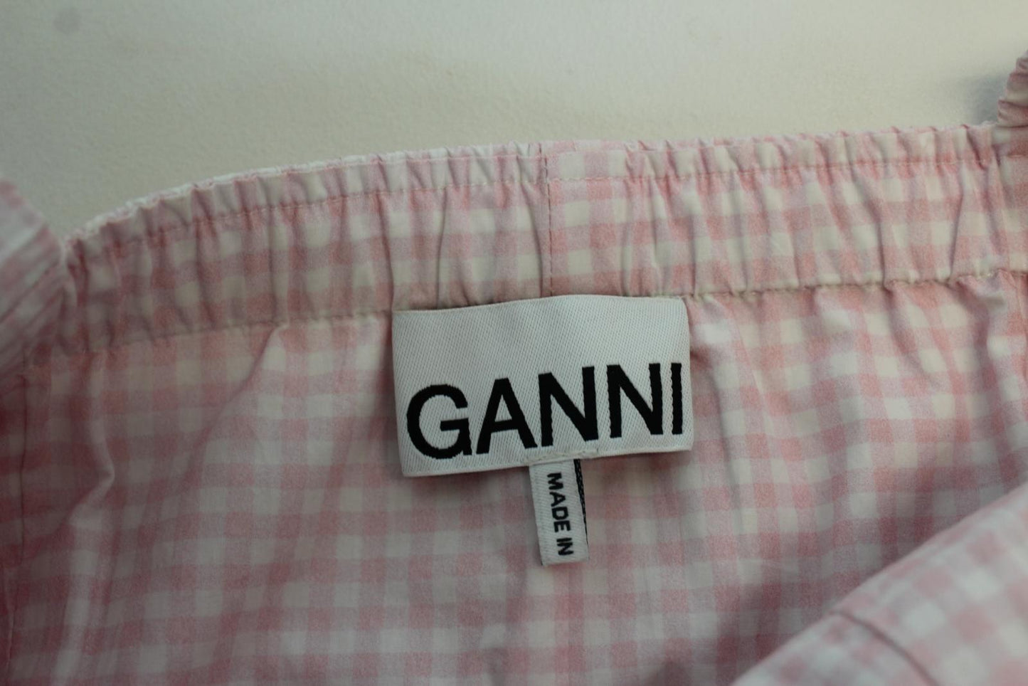 GANNI Ladies Pink White Check Puff Sleeve Cotton Top Blouse EU34 UK6 NEW