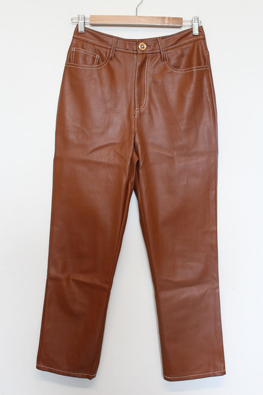 STAUD Ladies Brown Chisel Contrast Stitch Faux Leather Trousers US4 UK8 NEW