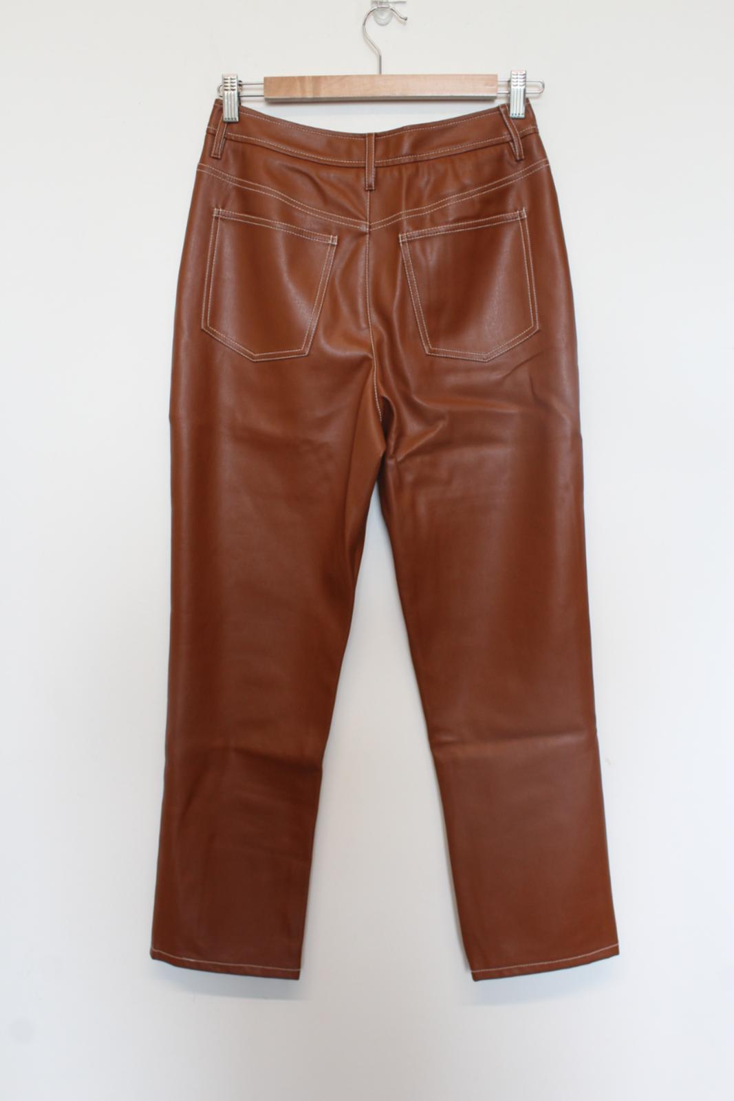 STAUD Ladies Brown Chisel Contrast Stitch Faux Leather Trousers US4 UK8 NEW