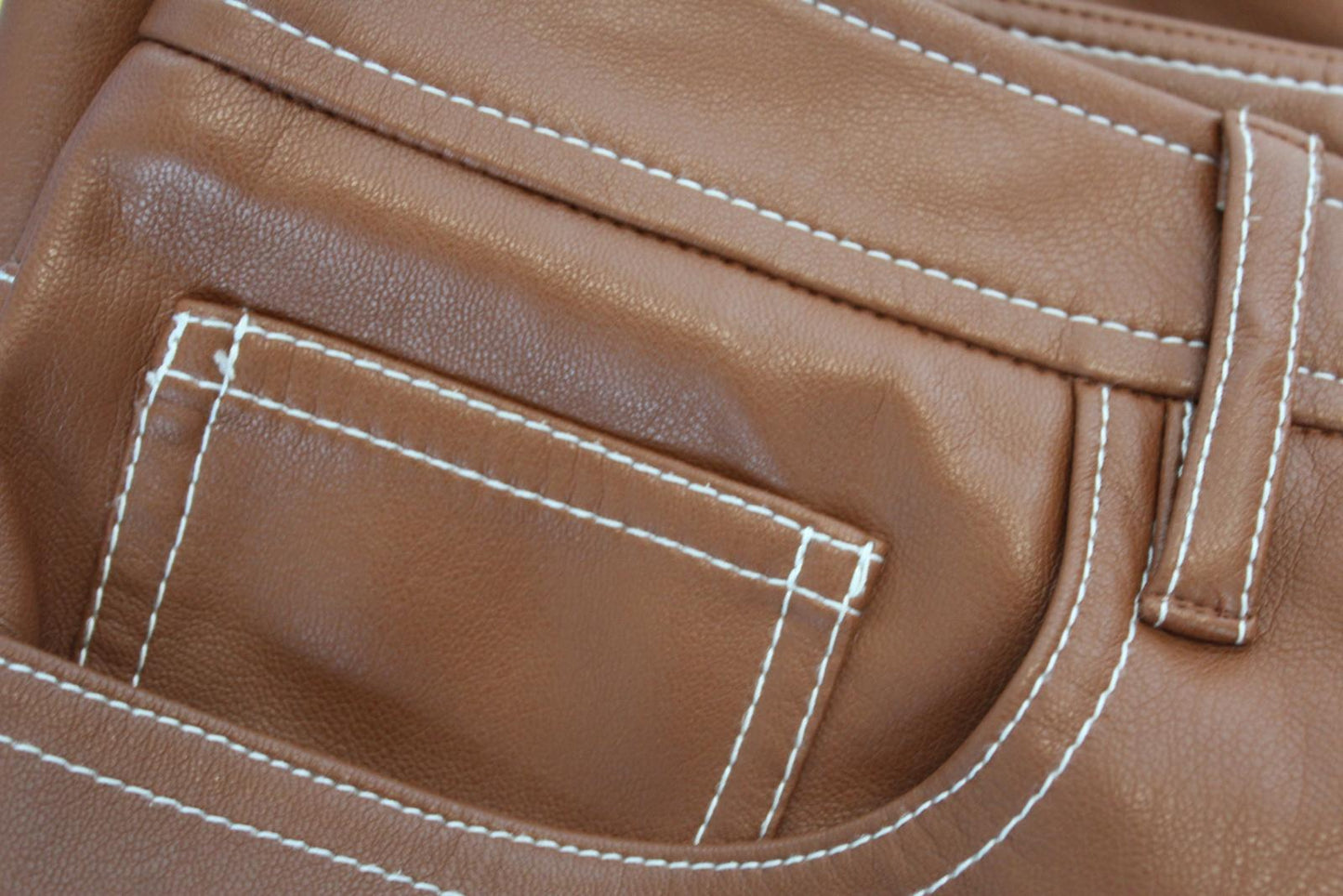 STAUD Ladies Brown Chisel Contrast Stitch Faux Leather Trousers US4 UK8 NEW