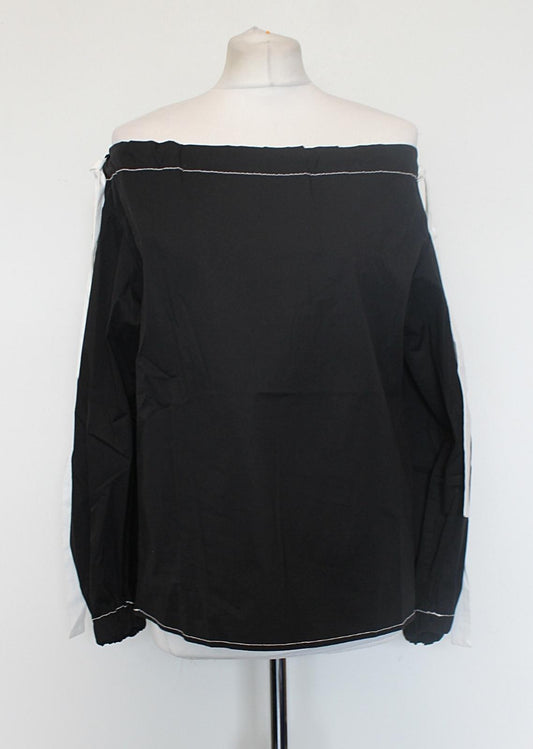 REJINA PYO Ladies Heidi Black White Off The Shoulder Tie Cotton Blend Top S NEW