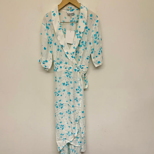 GANNI White Ladies Long Sleeve Floral V-Neck A-Line Dress Size UK 12 NEW