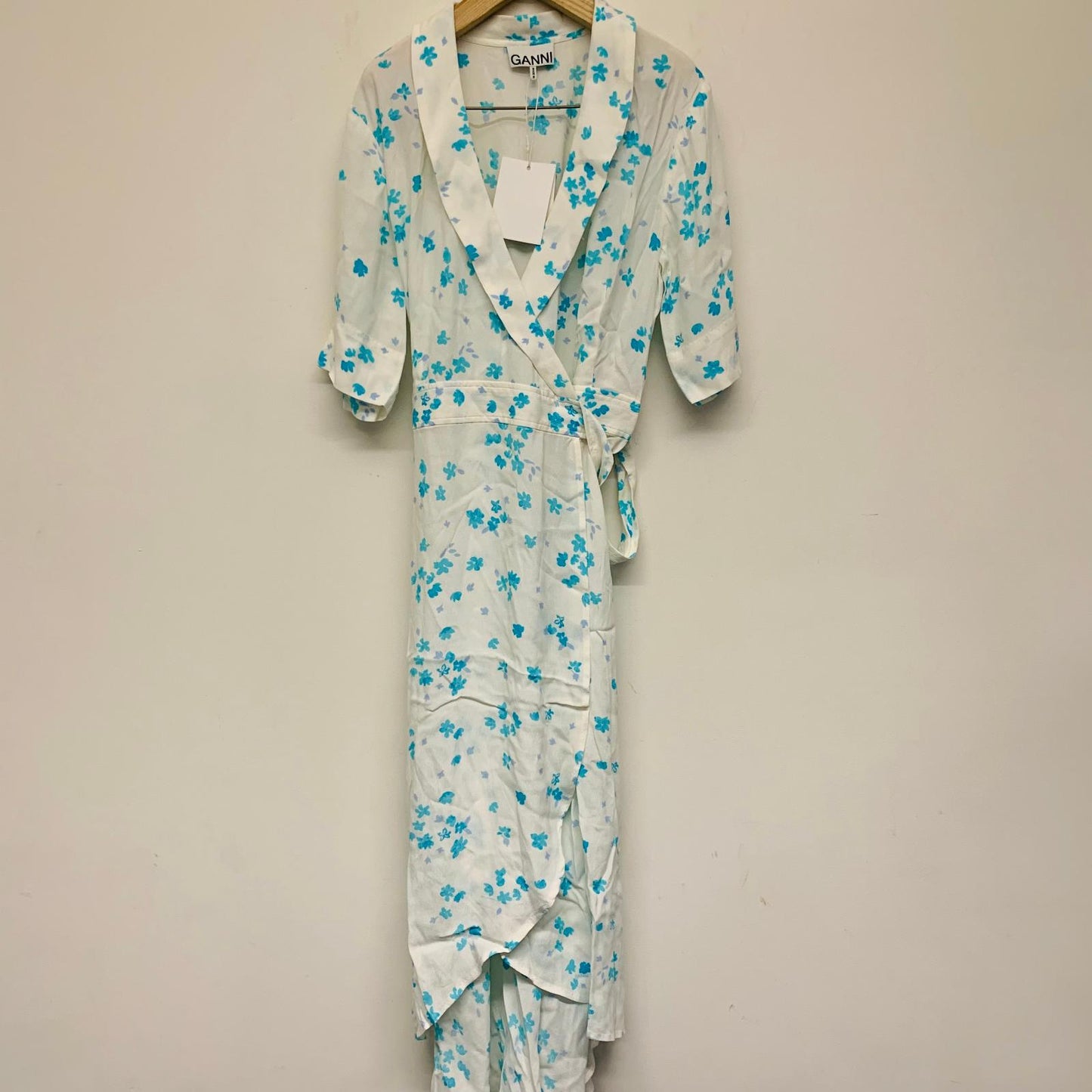 GANNI White Ladies Long Sleeve Floral V-Neck A-Line Dress Size UK 12 NEW
