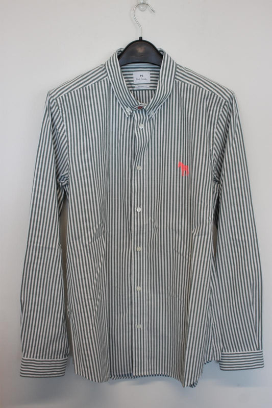 PAUL SMITH Men's Grey/White Striped Cotton Long Sleeve Tailored Fit Shirt L NEW