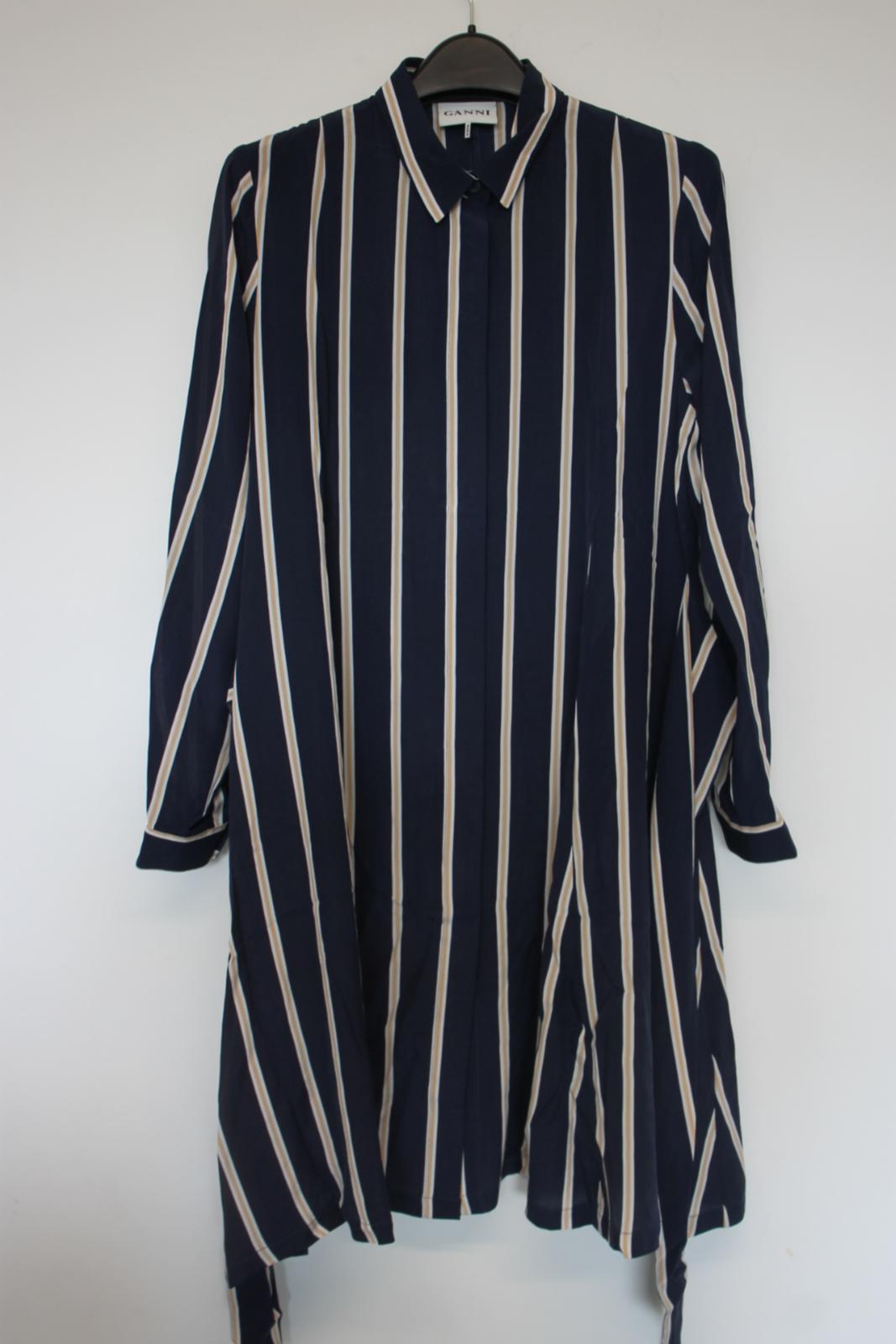 GANNI Ladies Navy Blue Striped Silk Long Sleeve Midi Shirt Dress Size XS NEW