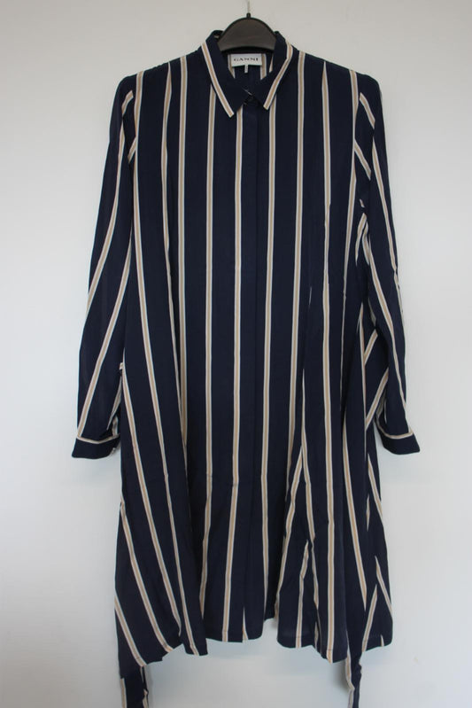 GANNI Ladies Navy Blue Striped Silk Long Sleeve Midi Shirt Dress Size XS NEW