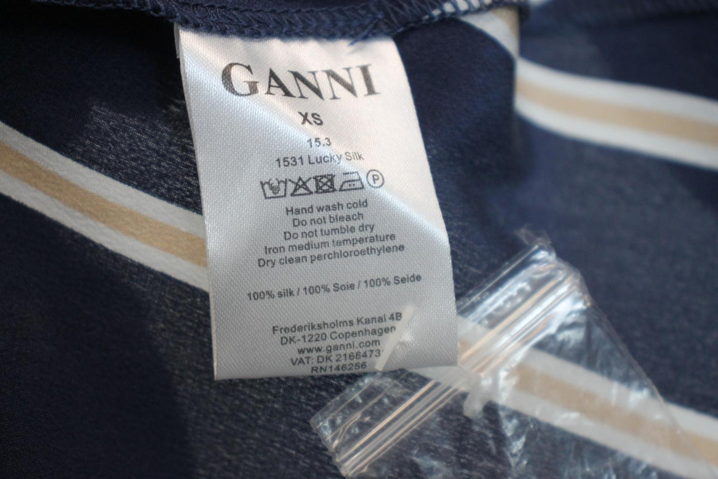GANNI Ladies Navy Blue Striped Silk Long Sleeve Midi Shirt Dress Size XS NEW