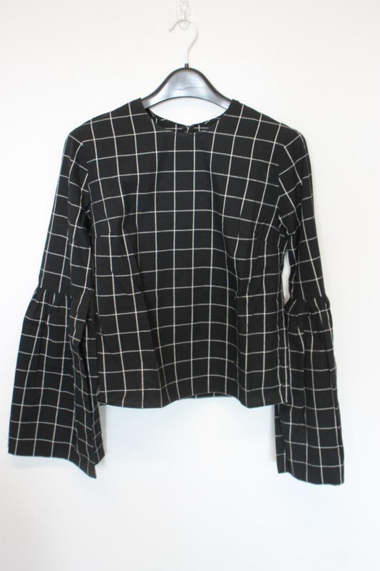 REJINA PYO Ladies Black Check Cotton Long Bell Sleeve Blouse EU36 UK8 NEW