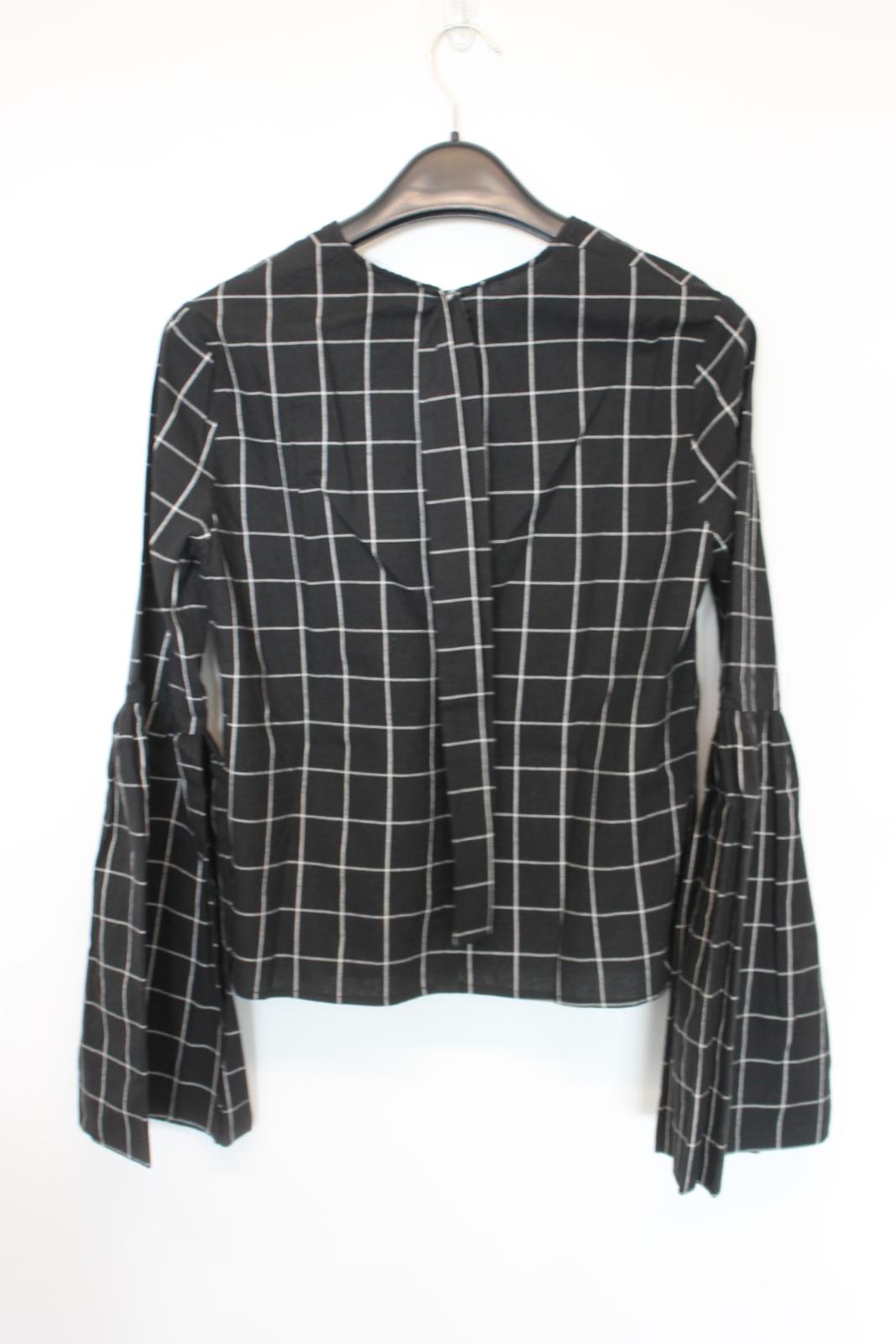 REJINA PYO Ladies Black Check Cotton Long Bell Sleeve Blouse EU36 UK8 NEW