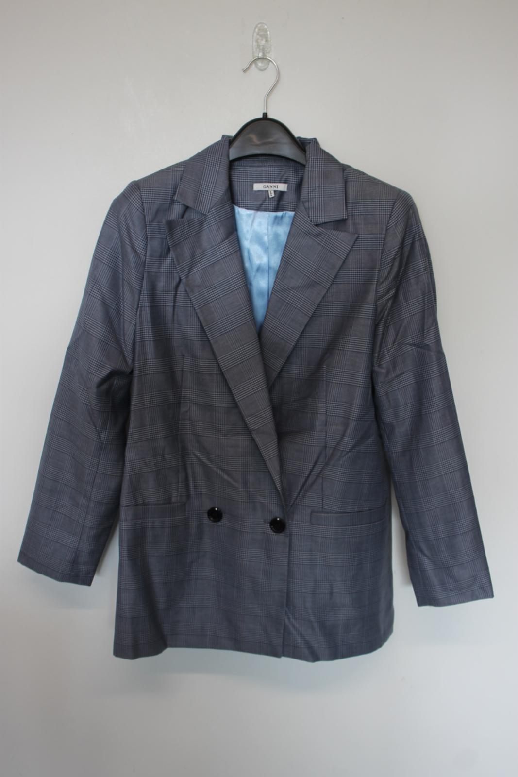 GANNI Ladies Grey Check Silk/Wool Blazer Suit Jacket EU36 UK8 NEW