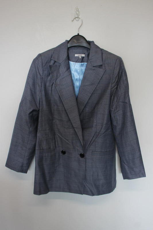 GANNI Ladies Grey Check Silk/Wool Blazer Suit Jacket EU36 UK8 NEW