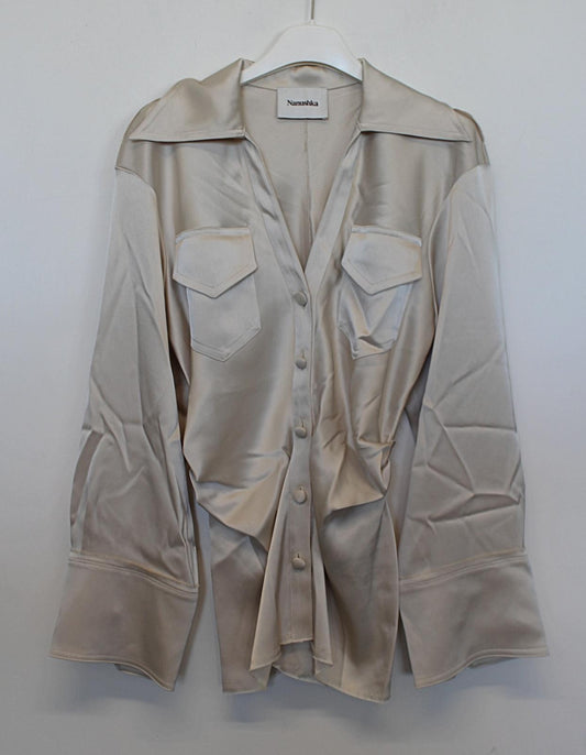 NANUSHKA Ladies Cream Beige Long Sleeve Raw Edge Ruched Waist Shirt XS NEW
