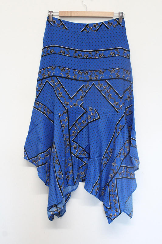 GANNI Ladies Blue Cloverdale Silk Printed Asymmetric Midi Skirt EU36 UK8 NEW