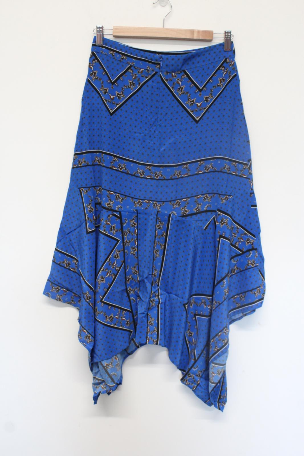 GANNI Ladies Blue Cloverdale Silk Printed Asymmetric Midi Skirt EU36 UK8 NEW