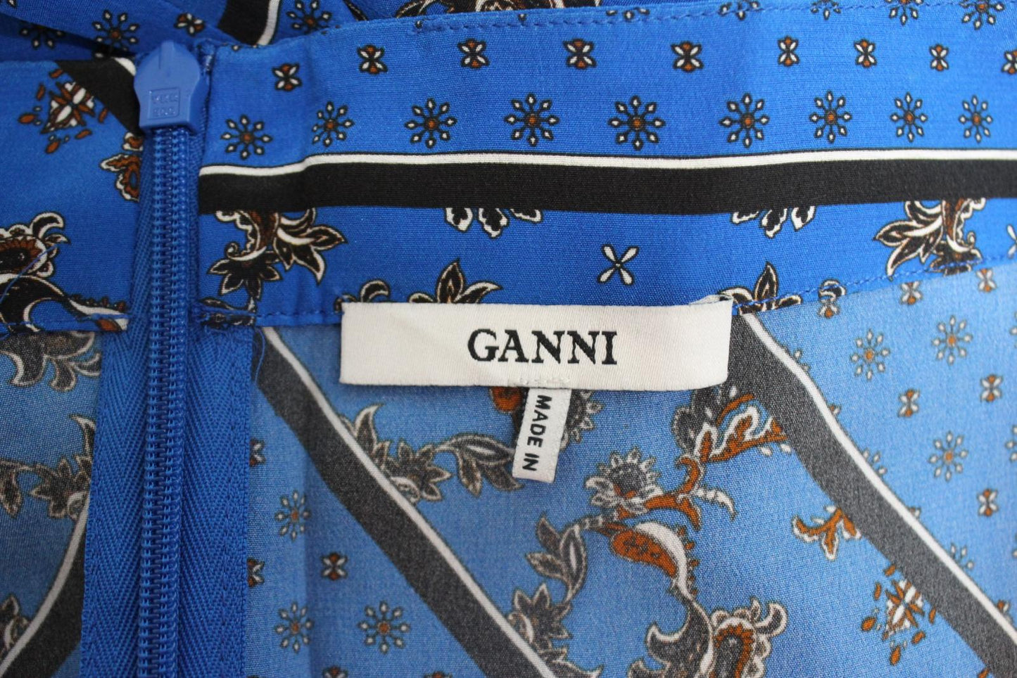 GANNI Ladies Blue Cloverdale Silk Printed Asymmetric Midi Skirt EU36 UK8 NEW