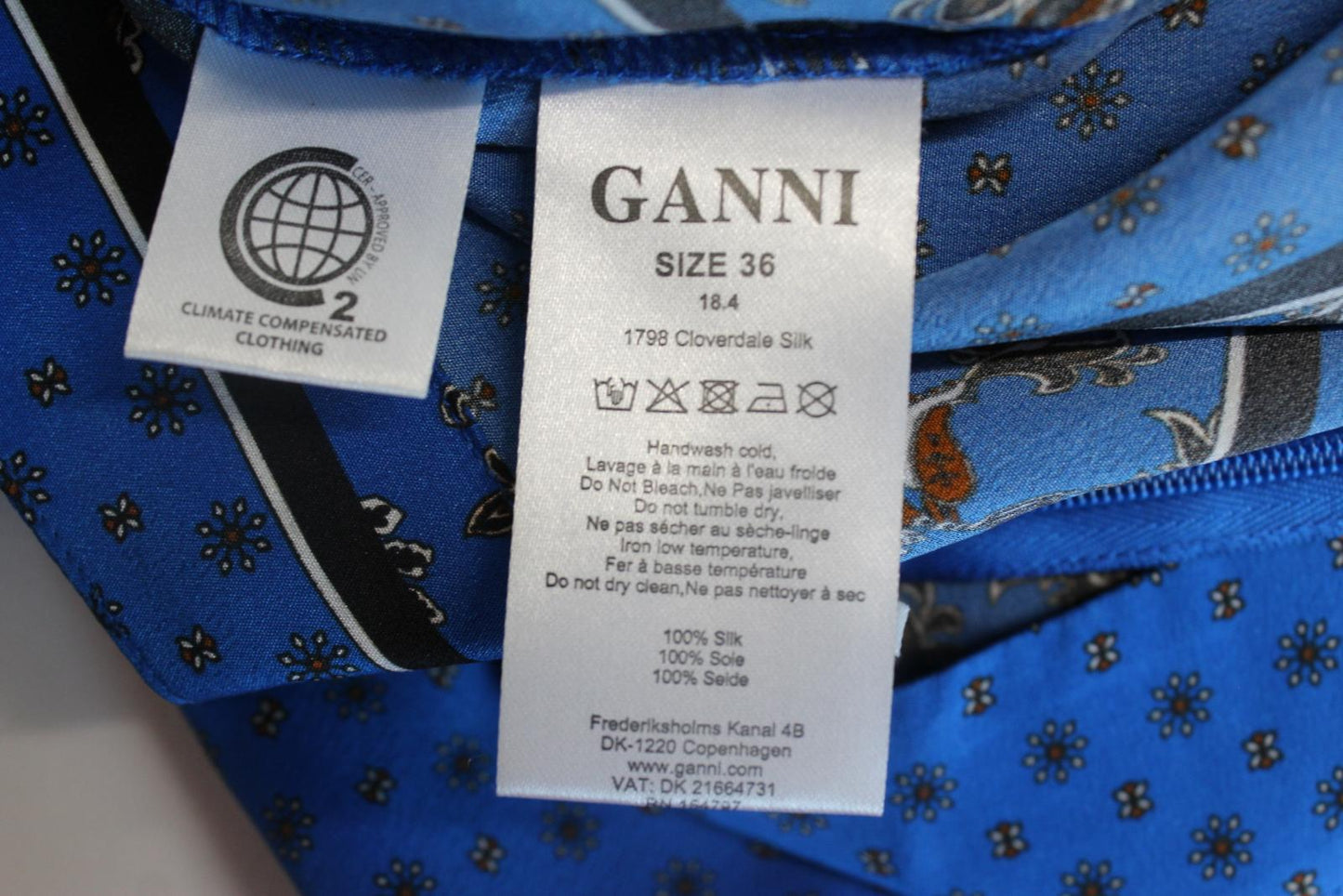 GANNI Ladies Blue Cloverdale Silk Printed Asymmetric Midi Skirt EU36 UK8 NEW