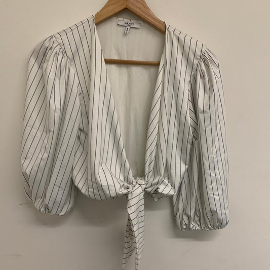 GANNI White Ladies Long Sleeve V-Neck Cropped Tie Stripe Blouse Top UK8 NEW