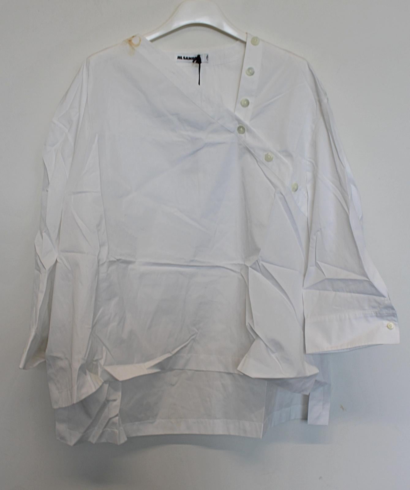 JIL SANDER Ladies White Asymmetric V-Neck Cotton Blouse Size 38 UK12 NEW