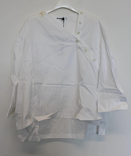 JIL SANDER Ladies White Asymmetric V-Neck Cotton Blouse Size 38 UK12 NEW