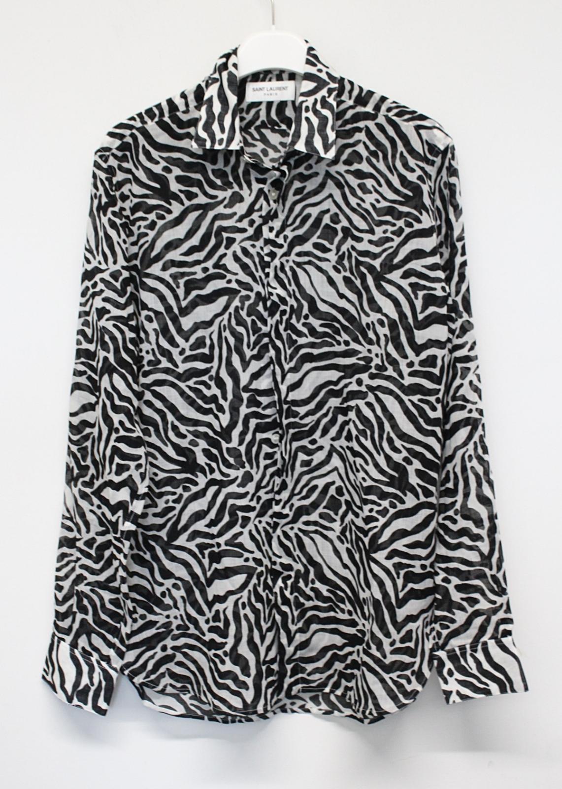 SAINT LAURENT Men's Black White Zebra Print Long Sleeve Wool Shirt 37 14.5 NEW
