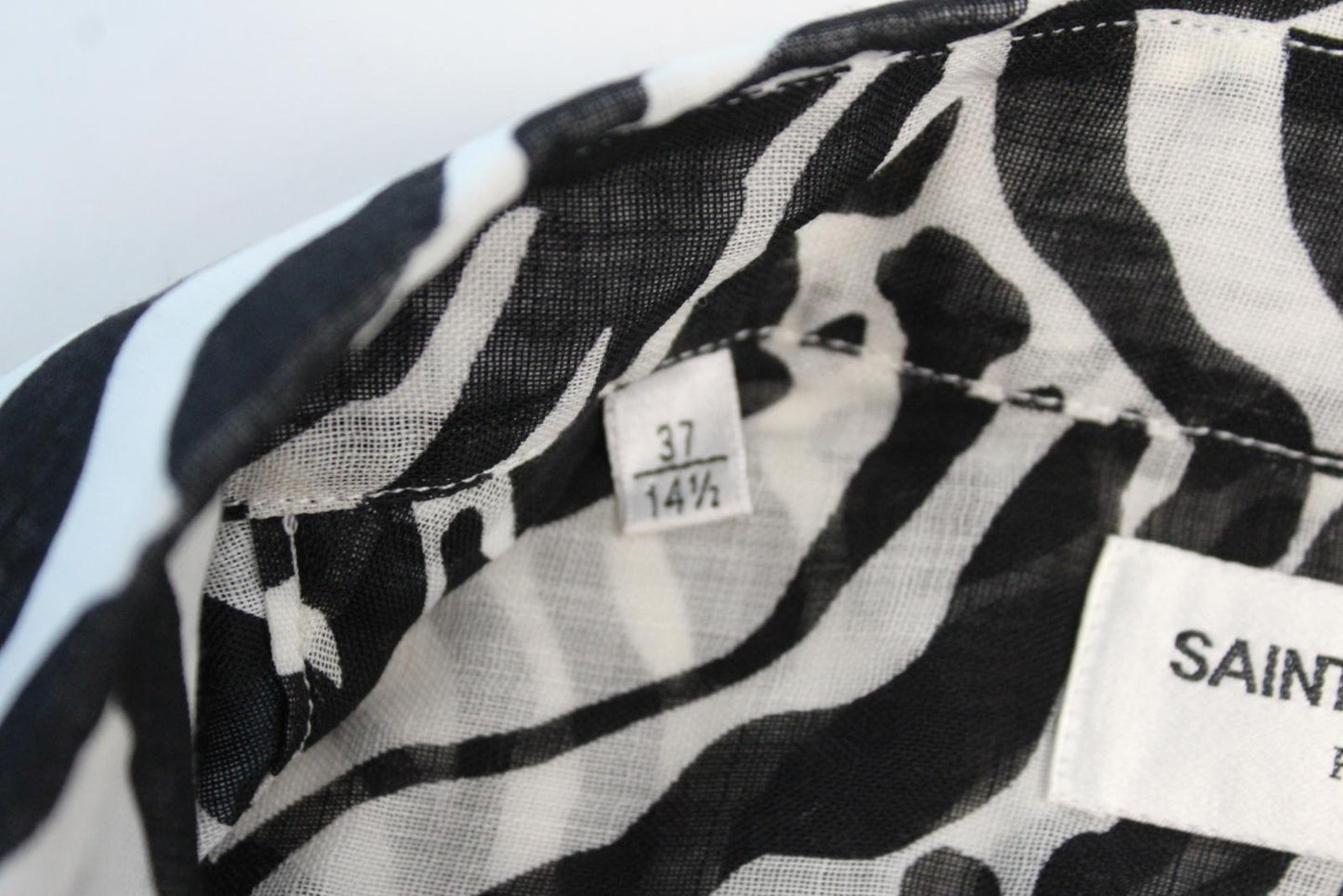 SAINT LAURENT Men's Black White Zebra Print Long Sleeve Wool Shirt 37 14.5 NEW