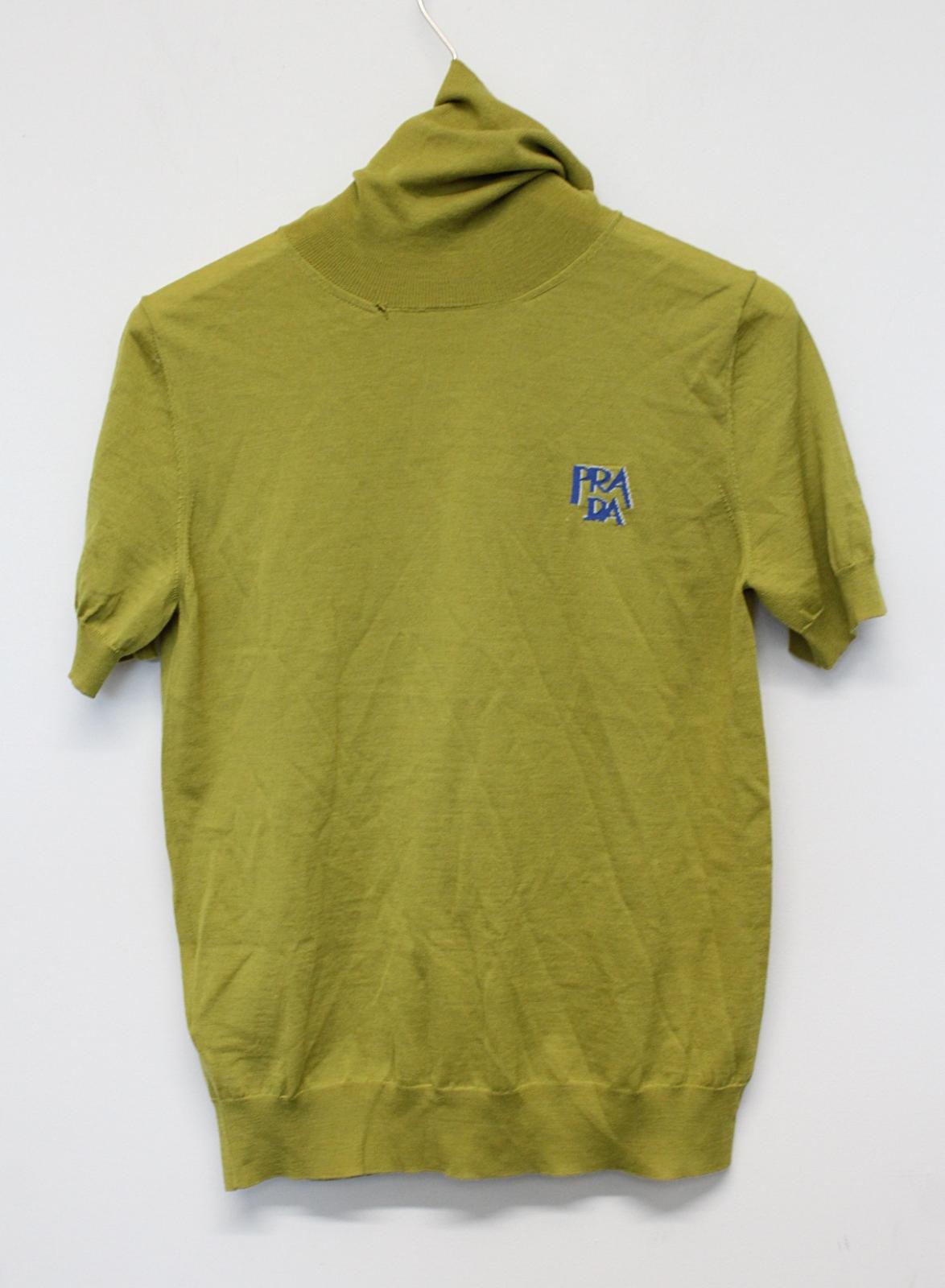 PRADA Ladies Yellow Green Roll Neck Short Sleeve Logo Wool Top IT40 UK8 NEW