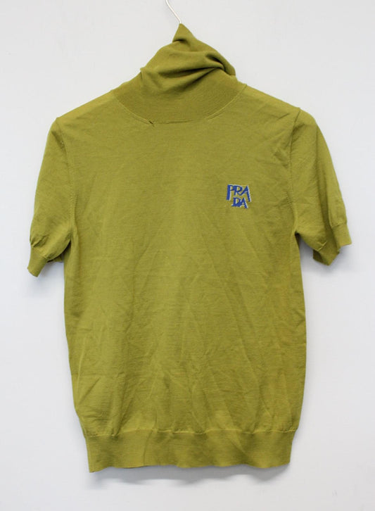 PRADA Ladies Yellow Green Roll Neck Short Sleeve Logo Wool Top IT40 UK8 NEW