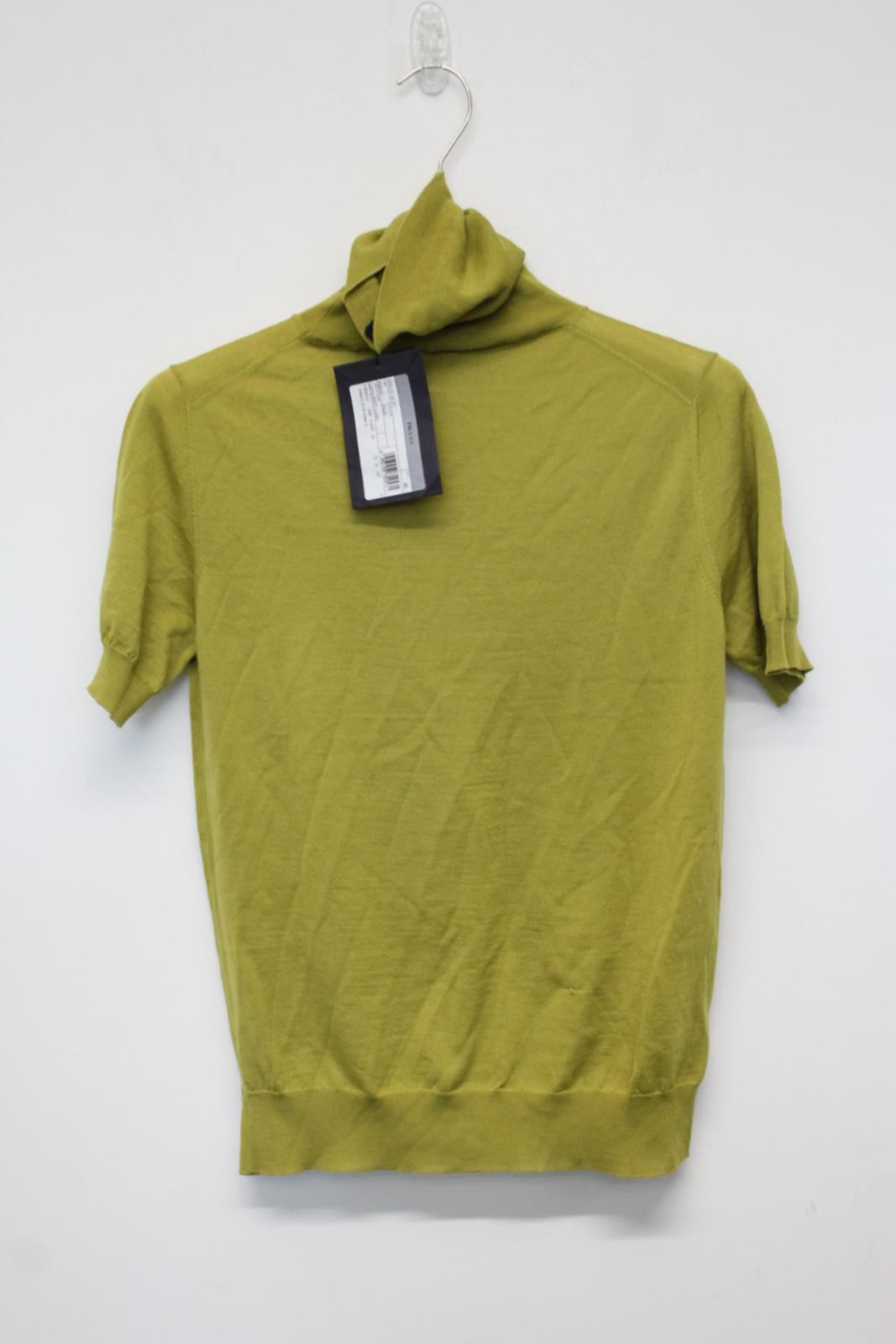 PRADA Ladies Yellow Green Roll Neck Short Sleeve Logo Wool Top IT40 UK8 NEW
