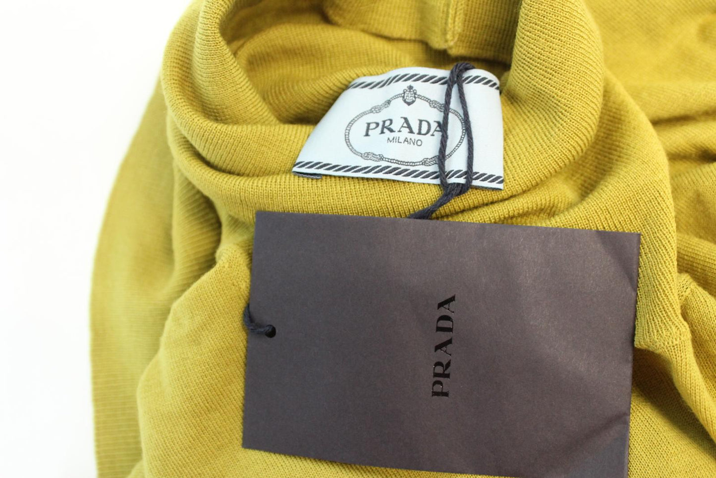 PRADA Ladies Yellow Green Roll Neck Short Sleeve Logo Wool Top IT40 UK8 NEW