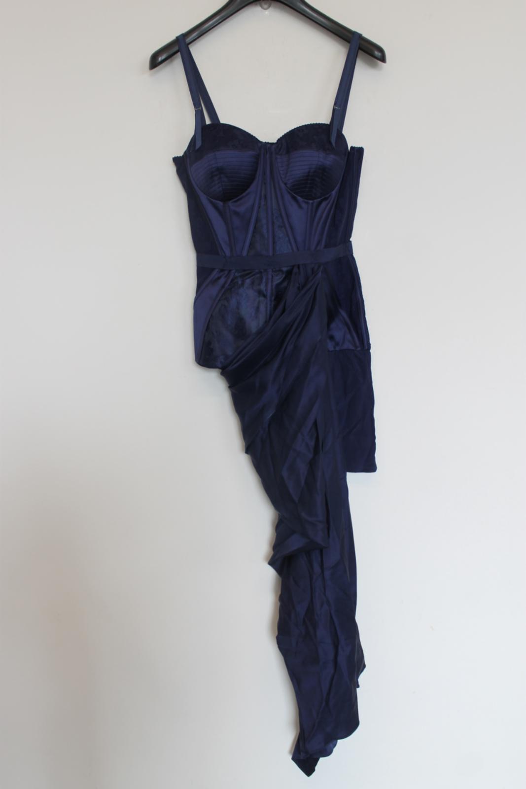 ALEXANDER MCQUEEN Ladies Navy Blue Silk Hi-Low Corset Dress EU34 UK6 NEW