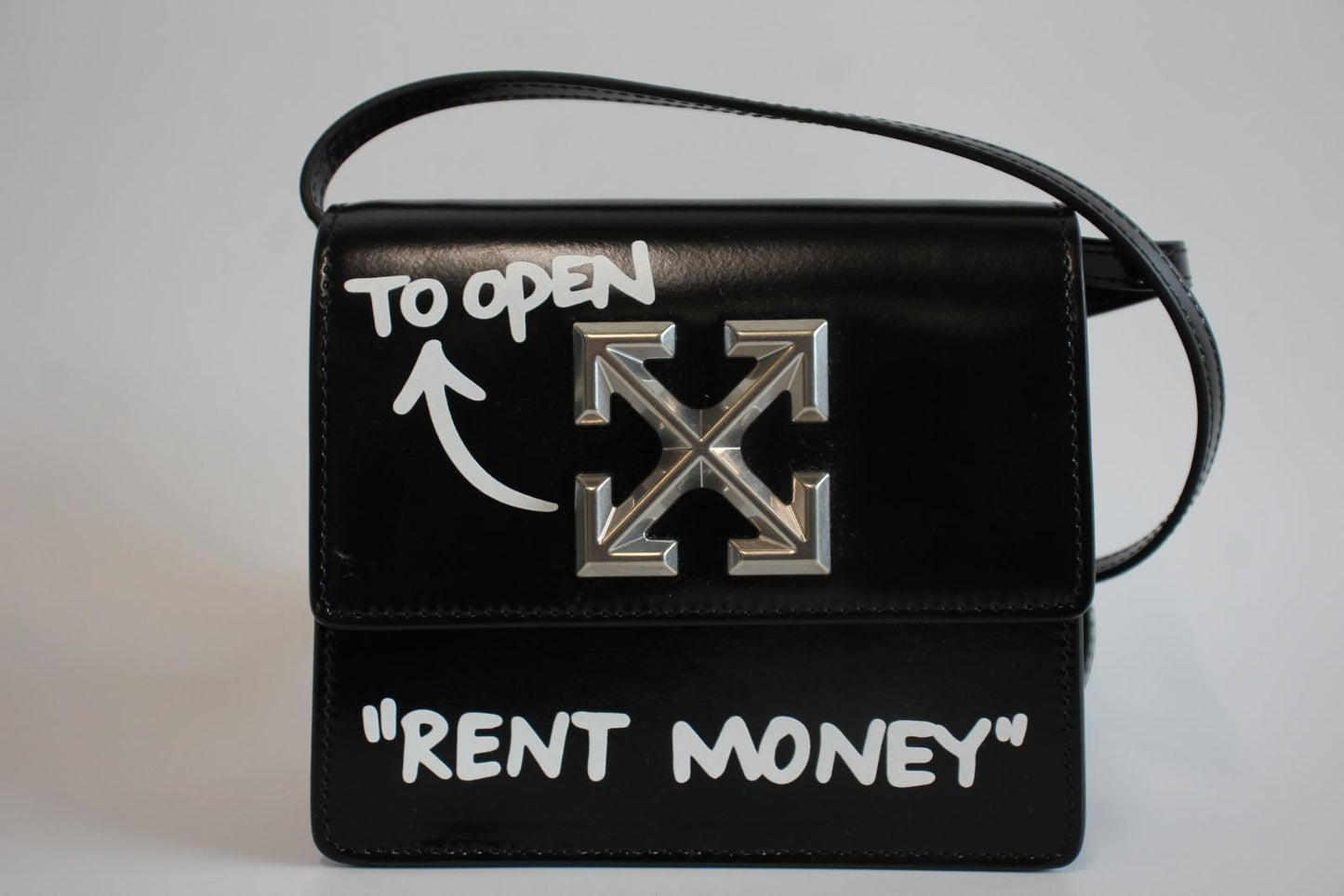 OFF-WHITE Ladies Black Leather "Rent Money" Jitney 0.7 Crossbody Bag XS NEW