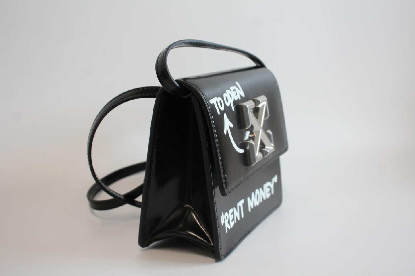 OFF-WHITE Ladies Black Leather "Rent Money" Jitney 0.7 Crossbody Bag XS NEW