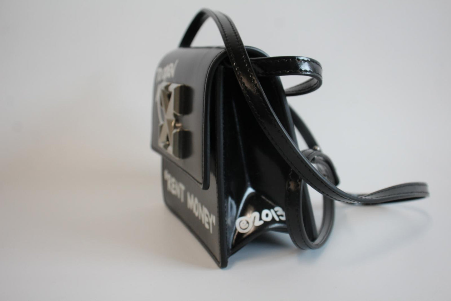OFF-WHITE Ladies Black Leather "Rent Money" Jitney 0.7 Crossbody Bag XS NEW
