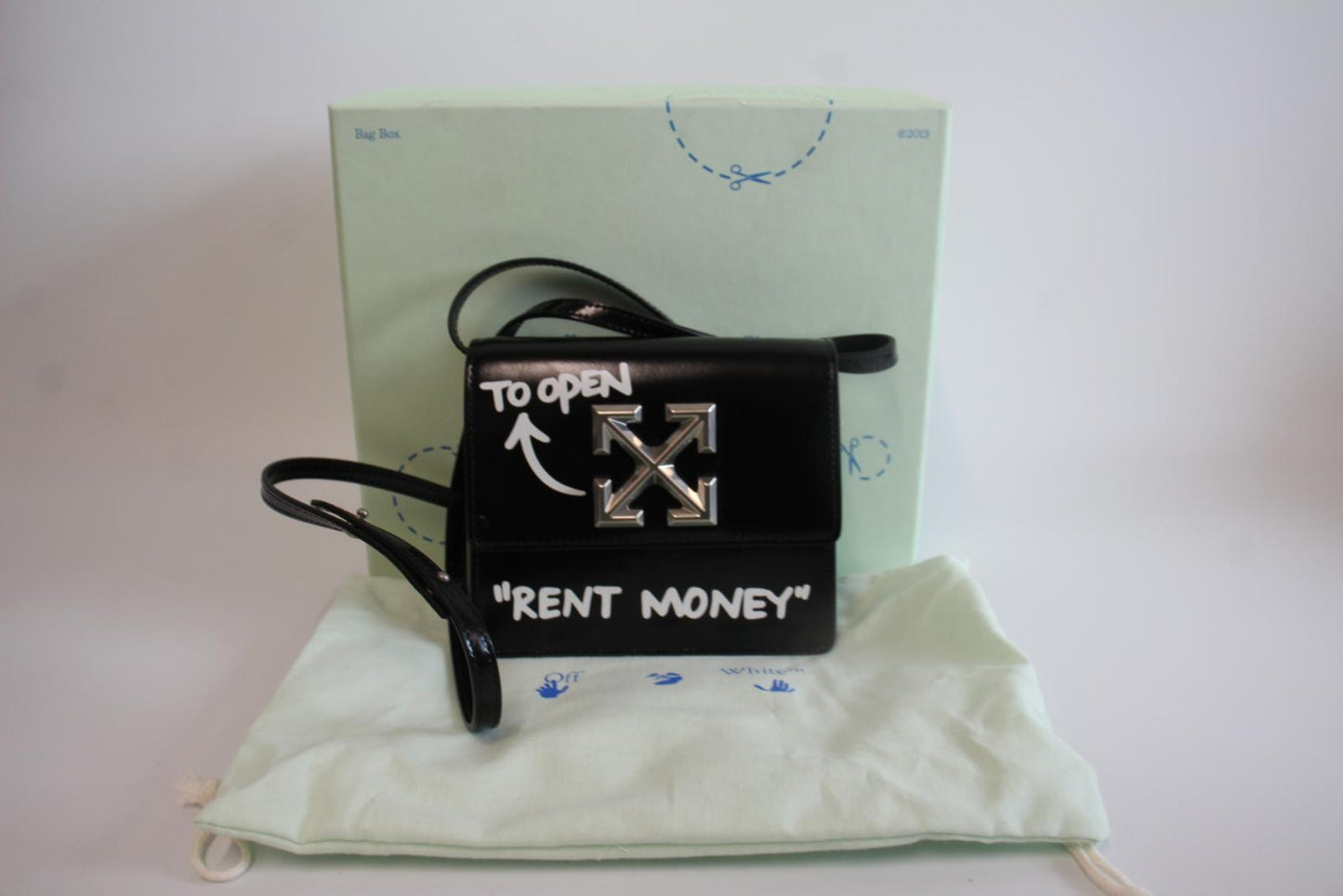 OFF-WHITE Ladies Black Leather "Rent Money" Jitney 0.7 Crossbody Bag XS NEW