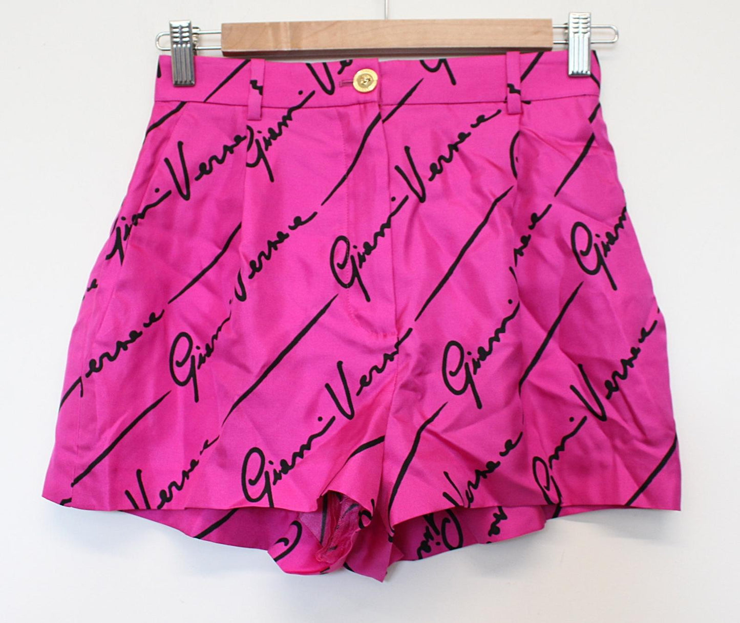 VERSACE Ladies Pink Black Silk Zip Fly All Over Logo Print Shorts IT38 UK6 NEW
