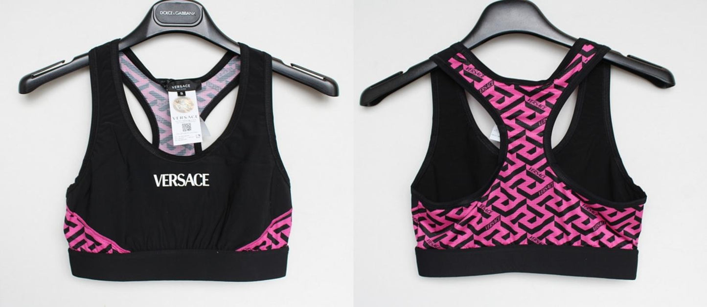 VERSACE Ladies Black Pink Greca Signature Racerback Sport Bra 2/M/UK34 NEW