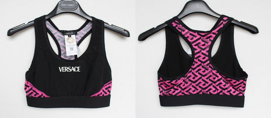 VERSACE Ladies Black Pink Greca Signature Racerback Sport Bra 2/M/UK34 NEW