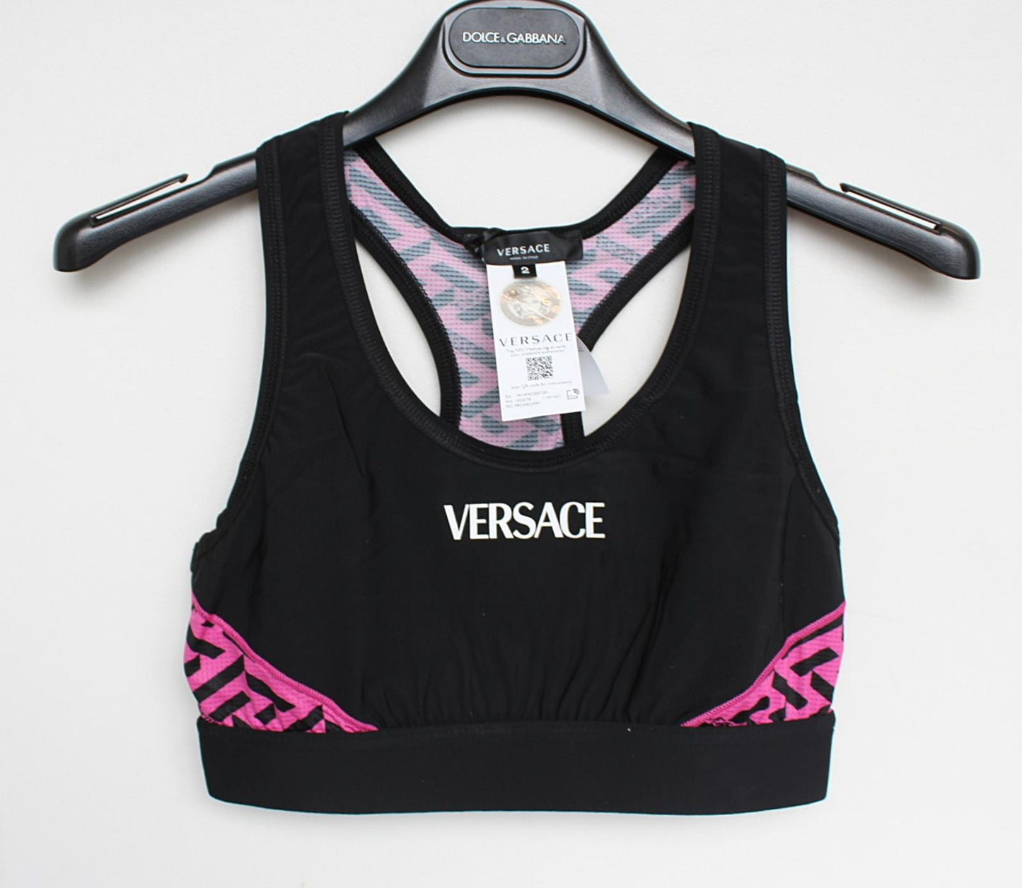 VERSACE Ladies Black Pink Greca Signature Racerback Sport Bra 2/M/UK34 NEW