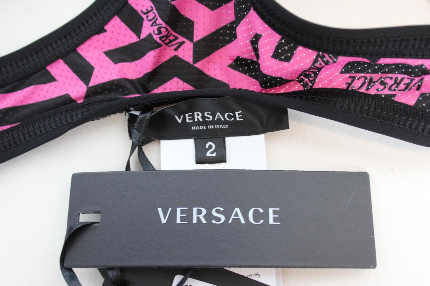 VERSACE Ladies Black Pink Greca Signature Racerback Sport Bra 2/M/UK34 NEW