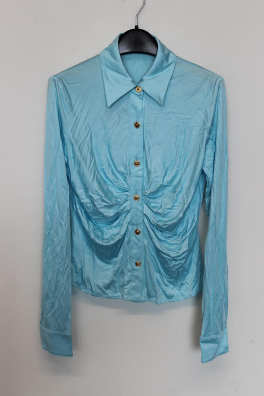 VERSACE Ladies Blue Satin Long Sleeve Button-up Blouse Shirt EU36 UK8 NEW