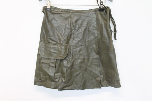 GANNI Ladies Kalamata Green Lamb Leather Knee Length Wrap Skirt EU38 UK10 NEW