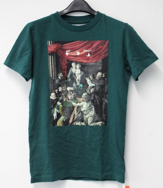 OFF-WHITE Men's Bottle Green Cotton Caravaggio Print T-Shirt Size XS NEW